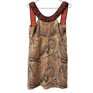 Jade Linen Paisley Muted Tones Unique Tank Embellished Mini Dress S